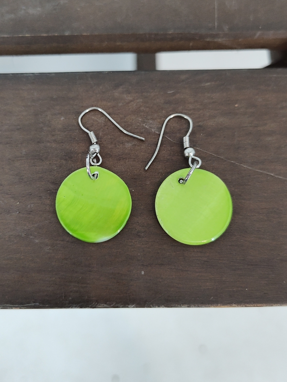 Lime Green Shell Disc Drop Earrings - Minimal Women’s Jewelry
